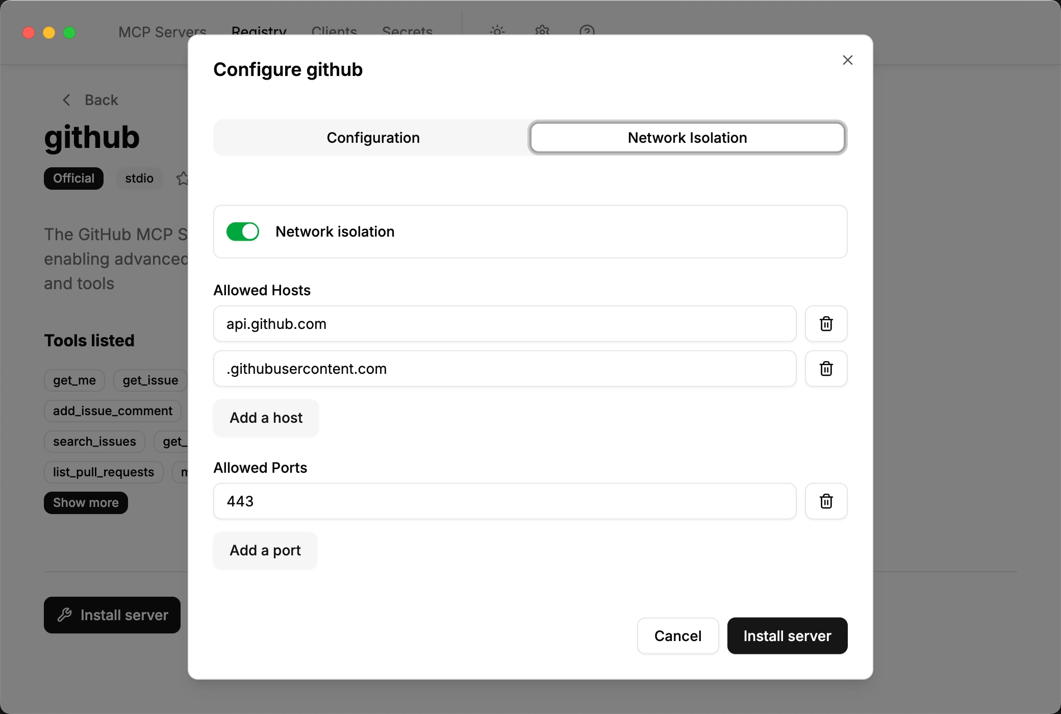 Network isolation configuration showing allowed hosts and ports Network isolation configuration showing allowed hosts and ports